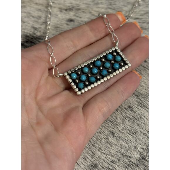 Native Navajo Handmade Sterling Kenny Longjose Kingman Turquoise Bar Necklace - Picture 8 of 10
